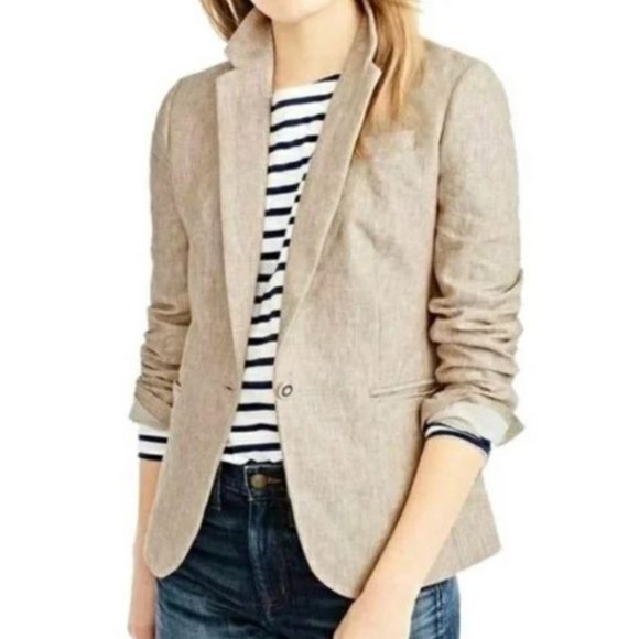 J Crew Linen Beige tan Campbell Blazer Single Button Working Surgeons Cuffs Sz 4